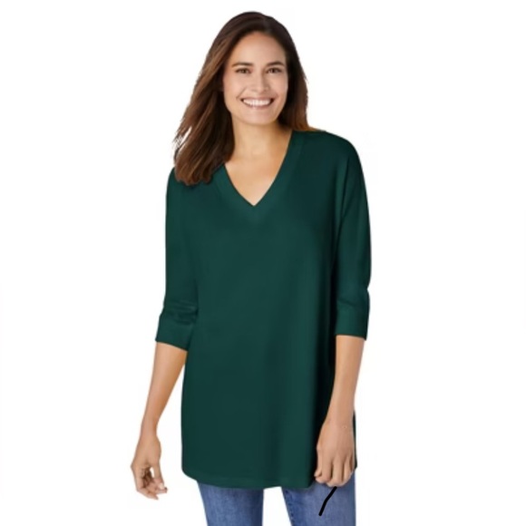 SIZE XL NWOT Isaac Mizrahi Essentials Lovely Green Quarter Sleeve V Neck Top - Picture 1 of 8